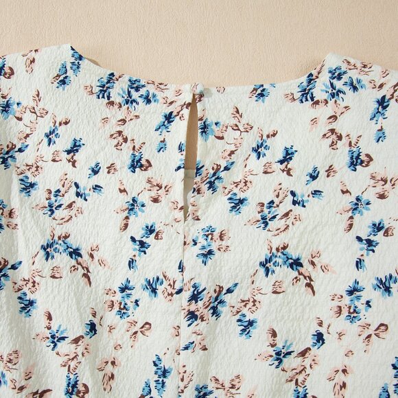 B268 Beige Floral Puff Short Sleeve Empire Waist Mini Dress - Picture 10 of 13